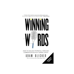 Okładka książki "Winning Words" z rakietą tenisową i piłkami.