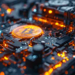 Złoty Bitcoin na tle świecącej płyty głównej. Dowiedz się, jak kopać kryptowaluty na PC, wykorzystując moc obliczeniową.