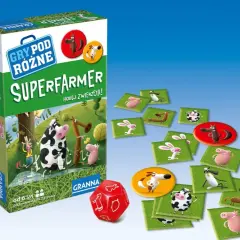 Super Farmer: zasady gry towarzyskiej z uroczymi zwierzątkami. Plansza, kostki i żetony z farmą.