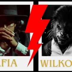 Mafia kontra wilkołaki w grze. Zbliżenie na twarz człowieka w kapeluszu i przerażającego wilkołaka.