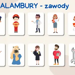 Kolorowe karty z zawodami: policjant, strażak, lekarz, nauczycielka, pielęgniarka, sprzedawczyni, fotografka, prawniczka, informatyk, mechanik. Idealne kalambury dla dzieci hasła.