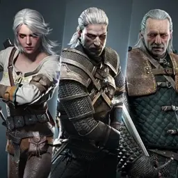 Postacie z Wiedźmina: Yennefer, Ciri, Geralt, Vesemir i Triss w swoich charakterystycznych strojach.