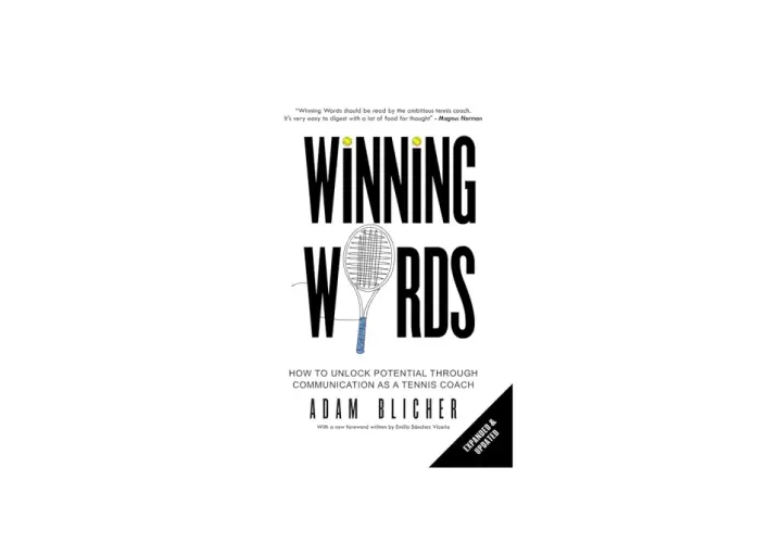 Okładka książki "Winning Words" z rakietą tenisową i piłkami.