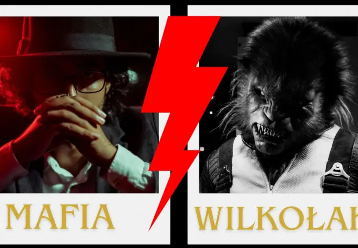 Mafia kontra wilkołaki w grze. Zbliżenie na twarz człowieka w kapeluszu i przerażającego wilkołaka.