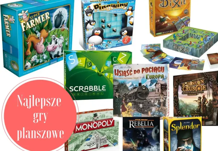 Kolekcja gier planszowych: Super Farmer, Pingwiny na lodzie, Scrabble, Wsiąść do pociągu: Europa, Monopoly, Rebelia, Splendor, Robinson Crusoe. Idealna gra towarzyska dla całej rodziny.