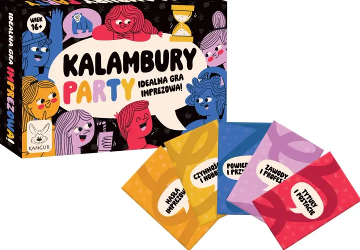 Gra "Kalambury Party" z hasłami do kalambur śmieszne. Idealna na imprezy, dla graczy od 16 lat. W zestawie karty z kategoriami: hasła imprezowe, czynności i hobby, zwierzęta i przyroda, zawody i profesje, tytuły i postacie.