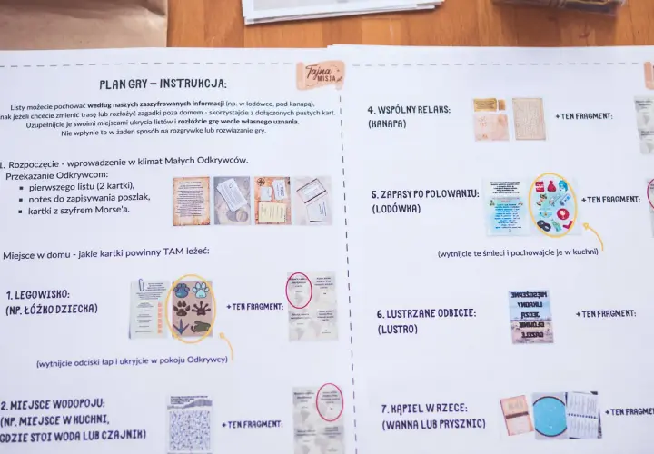 Instrukcja gry podchody "Tajnej Misji". Zawiera wskazówki, jak ukryć listy i zagadki, oraz przykłady kart do ukrycia w różnych miejscach.