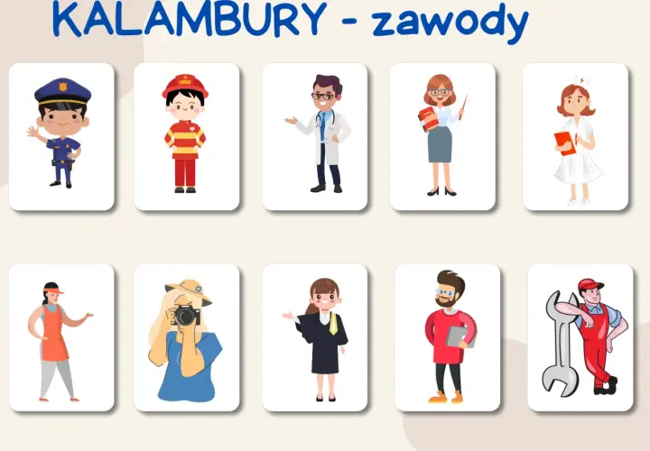 Kolorowe karty z zawodami: policjant, strażak, lekarz, nauczycielka, pielęgniarka, sprzedawczyni, fotografka, prawniczka, informatyk, mechanik. Idealne kalambury dla dzieci hasła.