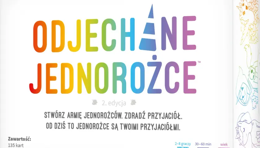 Odjechane jednorożce instrukcja gry. Kolorowe pudełko z napisem "Odjechane Jednorożce 2. edycja", informacją o zawartości i zasadach gry.