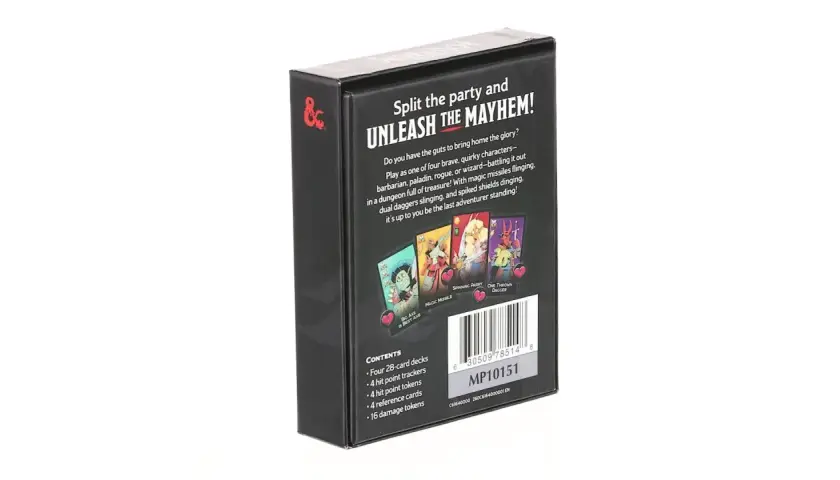 Pudełko gry karcianej D&D z hasłem "Unleash the Mayhem!". Zawiera cztery talie, liczniki punktów życia i obrażeń, karty referencyjne. Idealne na dungeon mayhem!