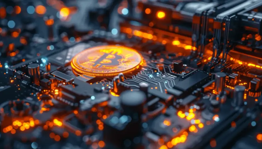 Złoty Bitcoin na tle świecącej płyty głównej. Dowiedz się, jak kopać kryptowaluty na PC, wykorzystując moc obliczeniową.