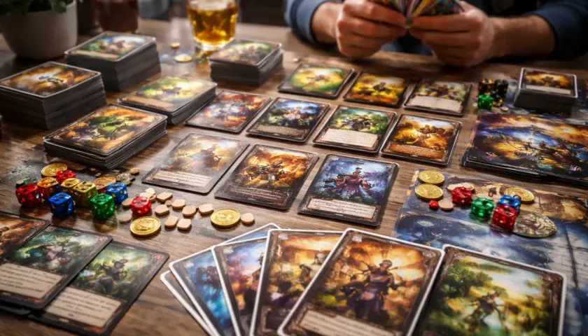 Stół pełen kart do gry fantasy, kostek i monet. Gracze przygotowują się do epickiej rozgrywki.