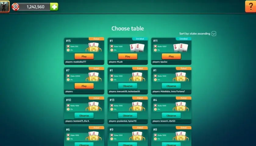 Wybór stołu do gry w tysiąca. Dostępne są stoły z różnymi stawkami i graczami.