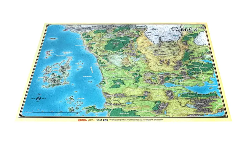 Mapa Faerûnu, krainy z zapomnianych światów, z wyspami, morzem i lądami pełnymi zieleni i gór.