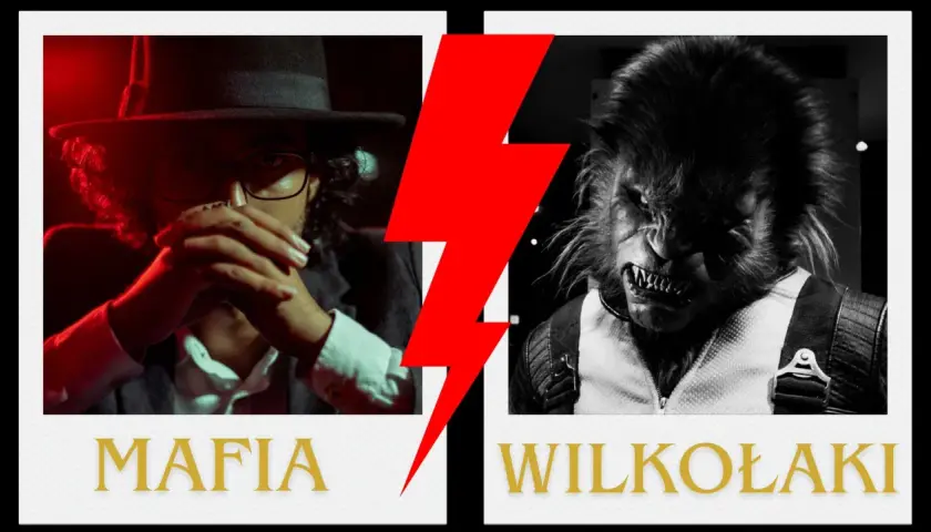 Mafia kontra wilkołaki w grze. Zbliżenie na twarz człowieka w kapeluszu i przerażającego wilkołaka.