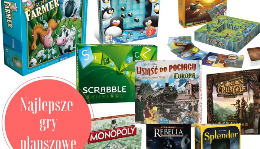 Kolekcja gier planszowych: Super Farmer, Pingwiny na lodzie, Scrabble, Wsiąść do pociągu: Europa, Monopoly, Rebelia, Splendor, Robinson Crusoe. Idealna gra towarzyska dla całej rodziny.
