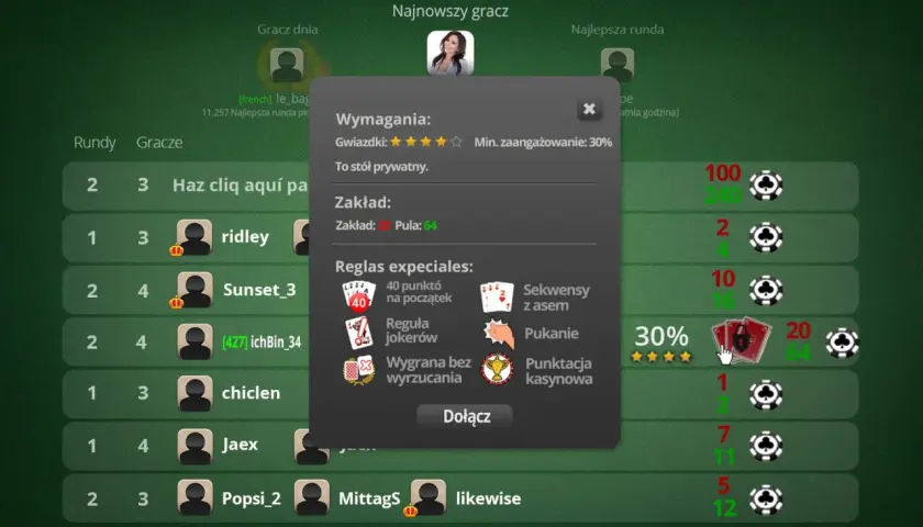 Gra w pokera online. Na ekranie widać okno z zasadami gry, w tym figury w kartach, takie jak sekwensy czy jokery.