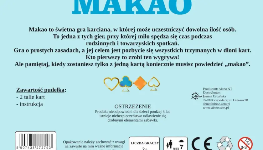 Gra karciana "Makao" dla 2+ graczy, wiek 7+. Zasady proste, cel: pozbyć się kart. Pamiętaj o okrzyku "makao"!