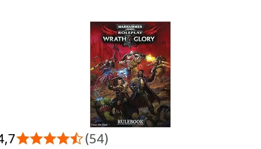 Okładka Warhammer 40,000 Roleplay: Wrath & Glory. Bohaterowie walczą z potworami, w tym z demonette.