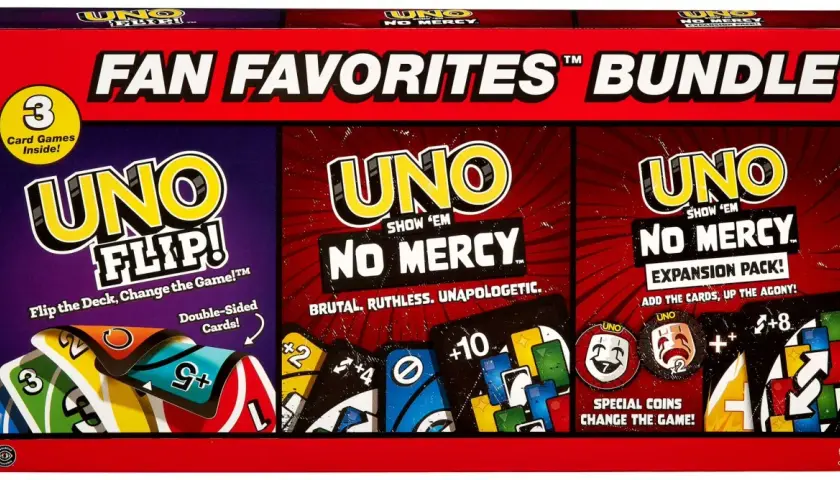 Zestaw kartowe "Fan Favorites Bundle" zawiera gry UNO Flip!, UNO Show 'Em No Mercy i dodatek do UNO No Mercy. Nowe uno dla fanów!