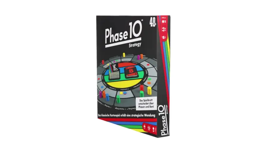 Pudełko gry planszowej "Phase 10 Strategy" z kolorową planszą i pionkami. Gra strategiczna, idealna na fazę 10 zabawy.