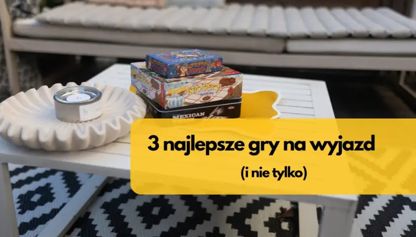 Trzy pudełka z grami: "Uredna Mapa", "Kapibary" i "Mexican Train". Idealne gry na podróż, by umilić czas w drodze.