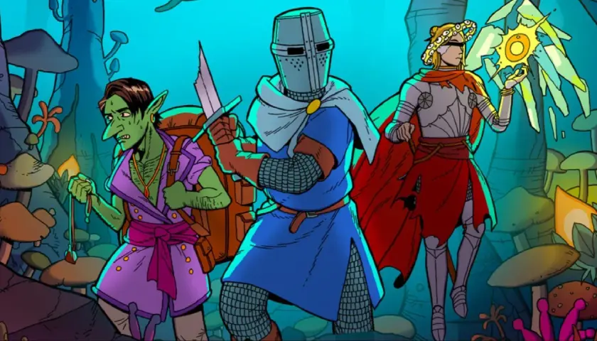 Goblin, rycerz i mag w surrealistycznym krajobrazie pełnym grzybów. To przygoda w stylu planescape.