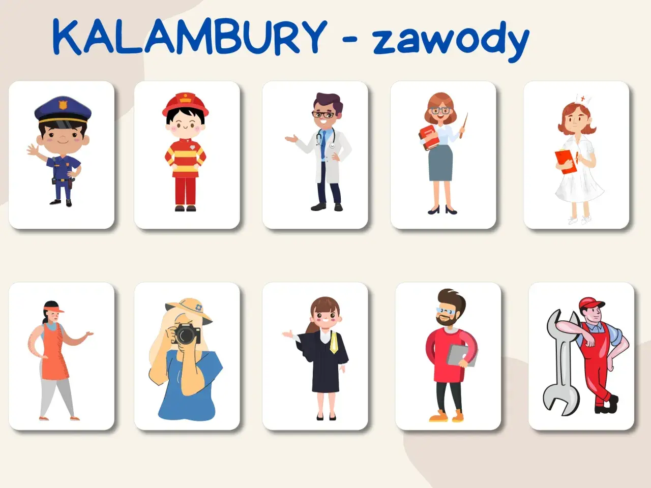 Kolorowe karty z zawodami: policjant, strażak, lekarz, nauczycielka, pielęgniarka, sprzedawczyni, fotografka, prawniczka, informatyk, mechanik. Idealne kalambury dla dzieci hasła.