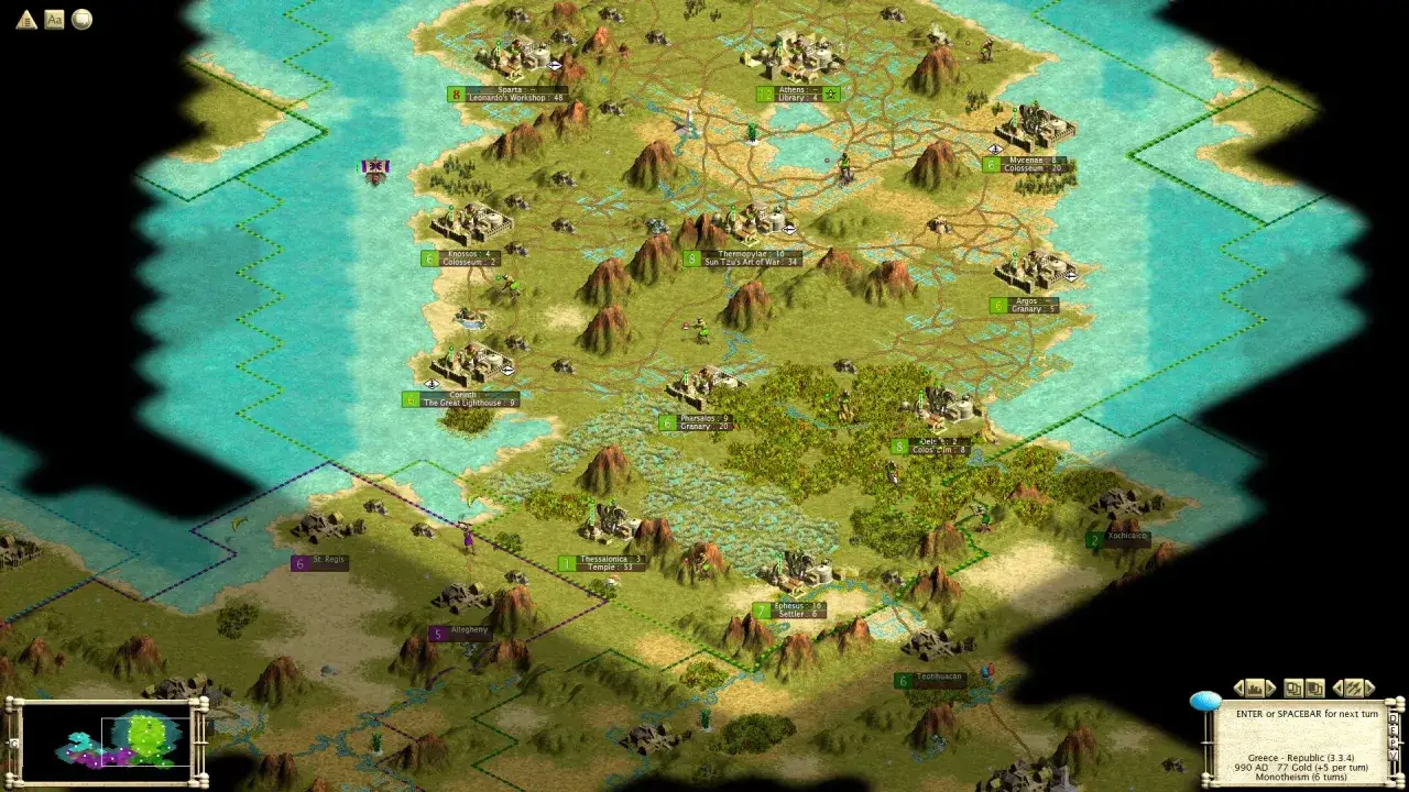 Mapa strategiczna z miastami i budowlami, ukazująca rozwój cywilizacji w old world.