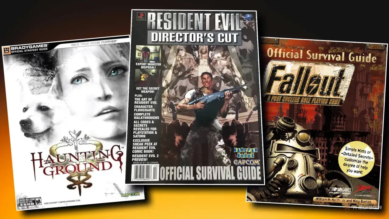 Trzy okładki poradników do gier: Haunting Ground, Resident Evil Director's Cut i Fallout. Idealne dla fanów najlepszych gier strategicznych.