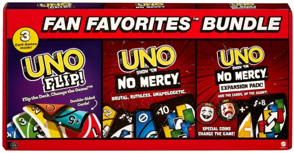 Zestaw kartowe "Fan Favorites Bundle" zawiera gry UNO Flip!, UNO Show 'Em No Mercy i dodatek do UNO No Mercy. Nowe uno dla fanów!
